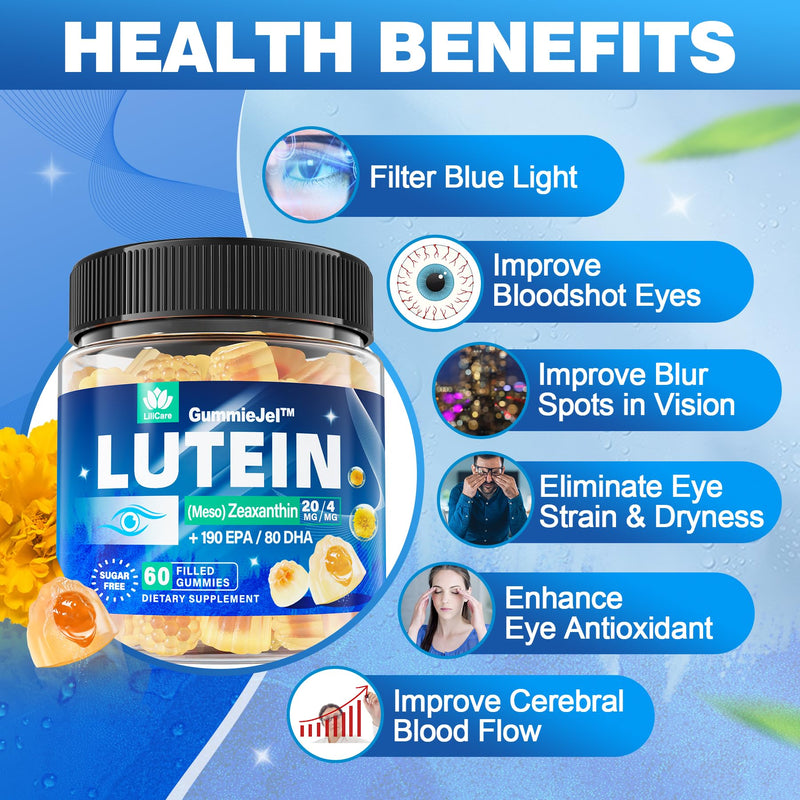 [Australia] - Sugar Free Lutein 20mg 40mg and Zeaxanthin Gummies for Eyes with Omega 3 (EPA 190mg & DHA 80mg), Lutein Supplements Eye Vitamins Filled Gummies Plus Bilberry, Goji Berry & Saffron, Vegan - 60 Count 60 Count (Pack of 1) 