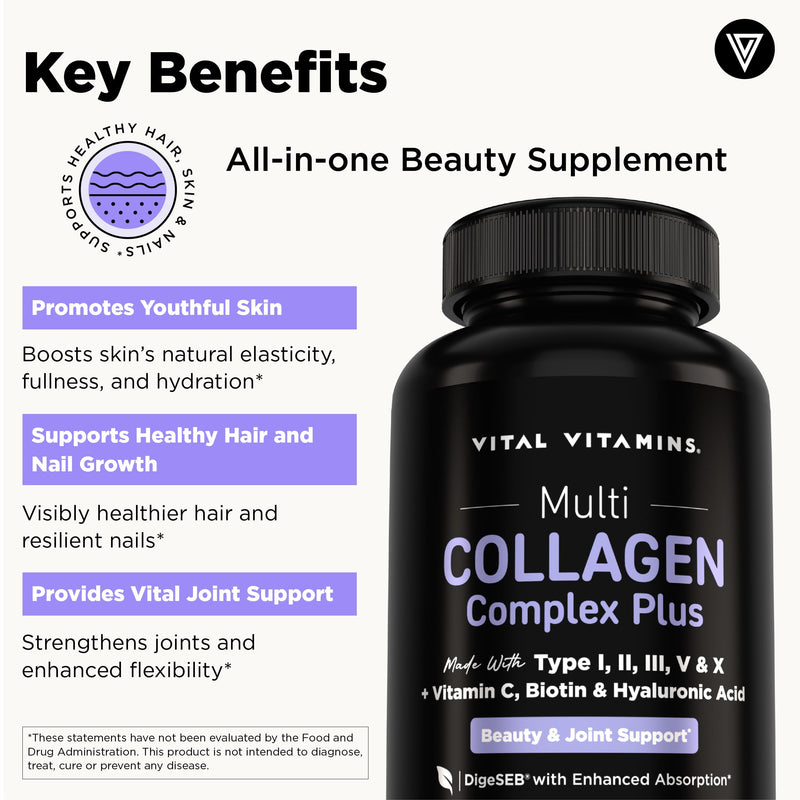 Vital Vitamins Multi Collagen Complex Plus Biotin, Hyaluronic Acid & VIT. C | Hair, Skin, & Nails Supplements for Women and Men, 5 Collagen Types I II III V & X, 150 Capsules (2-Pack) 150 Count (Pack of 2)