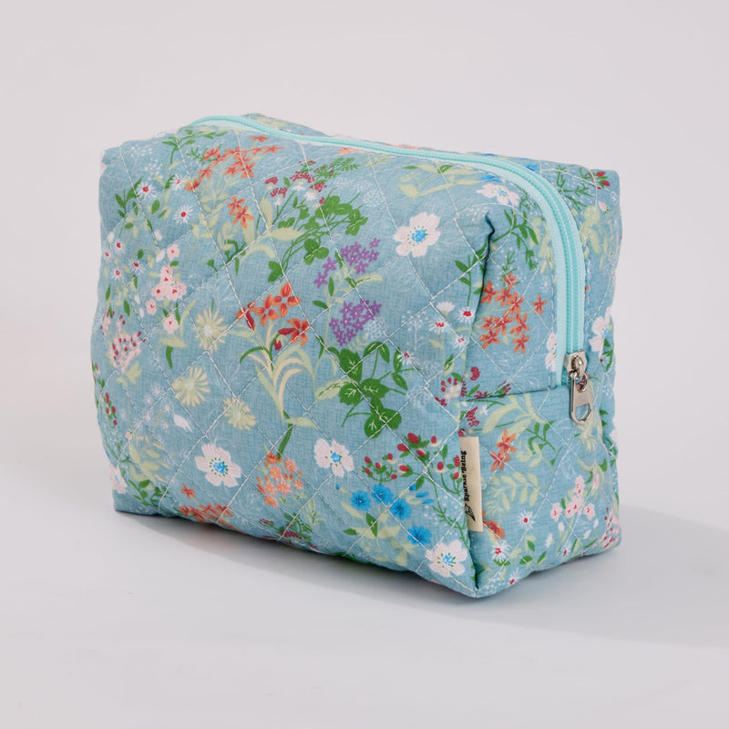 Wildflower Floral Quilted Cotton Cosmetic Zipper Pouch, Large Capacity Makeup Accessories Storage Bag for Women Girls, Aesthetic Coquette Travel Toiletry Organizer (Set of 3) Wildflower Floral