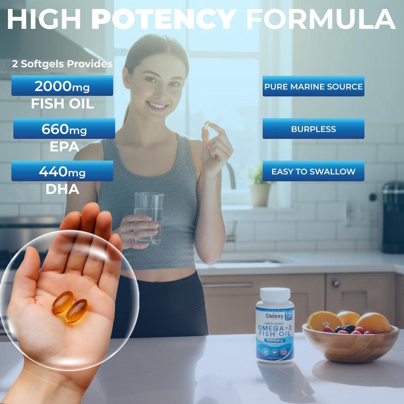 Omega 3 Fish Oil - High Strength 2000mg - 660mg EPA 440mg DHA per Serving | 240 Softgels - 4 Month Supply | Omega-3 Fatty Acid Softgel Capsules - Supports Heart Health, Brain, Vision - Shivay Herbals 120 count (Pack of 2)