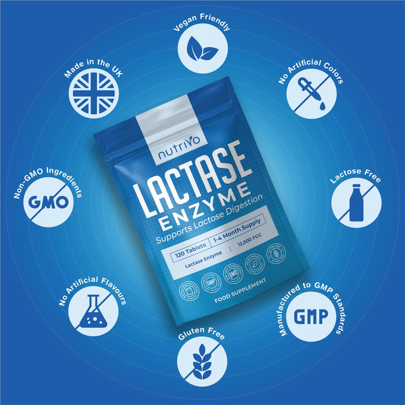 Nutrivo Lactase Tablets | High Strength Lactose Intolerance Tablets 12,500 FCC | 1-4 Month Supply | Lactase Enzyme | Support Dairy and Lactose Digestion