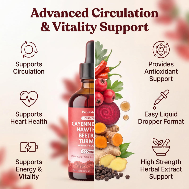 Cayenne Pepper Drops Liquid Extract Supplement | Hawthorn Berry, Turmeric Curcumin, Beet Root, Ginger, Black Pepper for Circulation, Energy and Digestive Health | Alcohol-Free - 60ml
