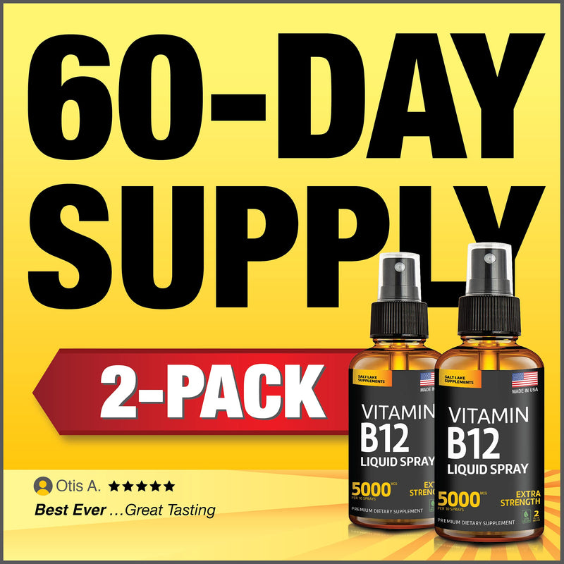 2 Pack Liquid B12 Spray 5000 mcg - Methylcobalamin Vitamin B12 Liquid | Boost Energy - Mood & Brain Health - Gluten-Free, Non-GMO B12 Spray for Men & Women - Easy Dosage (5000 mcg in 10 Sprays)