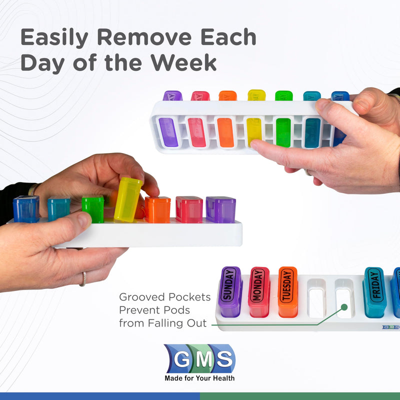 Weekly Pill Organizer, 7 Day Pop Out Daily Pill Pods for Travel & Home | GMS Portable Rainbow Medicine Pods with Tray, Medication, Vitamin & Supplement Holder Case with Secure Lids