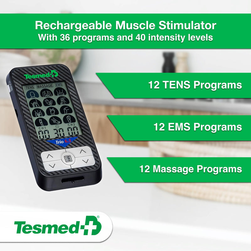 TESMED Trio 6.5 TENS Unit & EMS Muscle Stimulator, USB Rechargeable | 36 programs, 40 intensity levels and 4 electrodes for fitness, massage, pain relief and therapy.