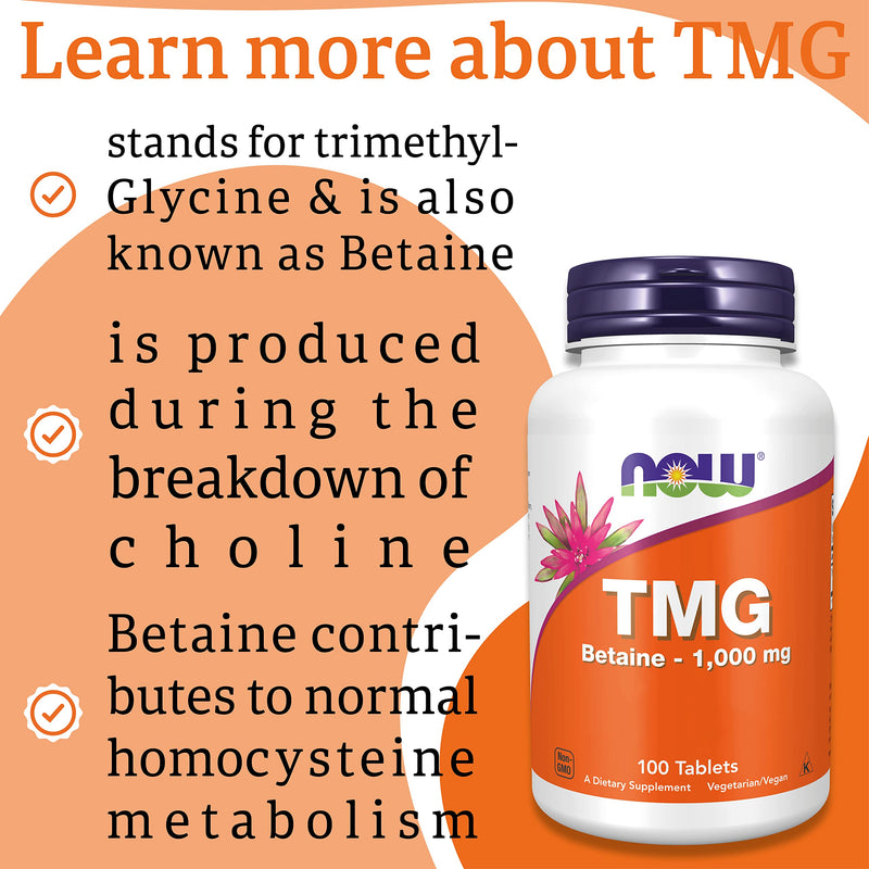 Now Foods, TMG (Trimethylglycine), 1.000mg, 100 Vegan Tablets, Lab-Tested, High Dose, Betaine, Gluten Free, SOYA Free, Vegetarian