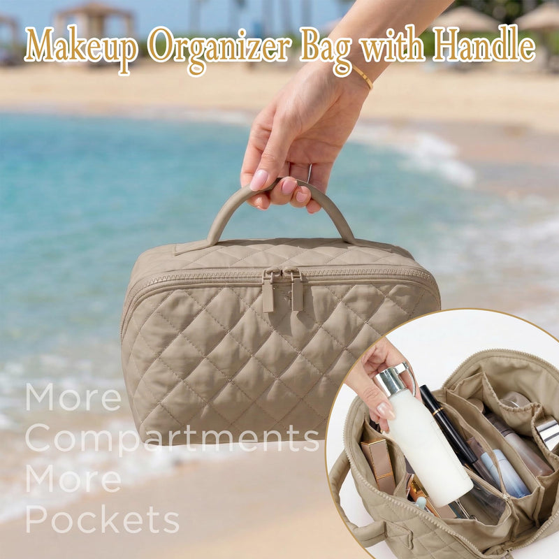 Women Cotton Cosmetic Bag,2PCS/Set Travel Makeup Bag, Large Capacity Cosmetic Bags for Women, Portable Open Flat Toiletry Bags,Makeup Organizer Bag with PVC Mini Wallet Purse, (Khaki) Khaki