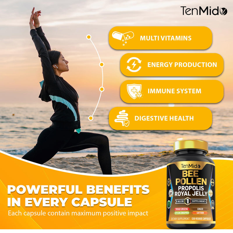 [Australia] - Bee Pollen Capsules Supplement - 7in1 Formula - Combine with Propolis, Royal Jelly, Panax Ginseng, Ceylon Cinnamon, Ginger, and Saffron - Digestive Health, Immune Support - 120 Capsules 