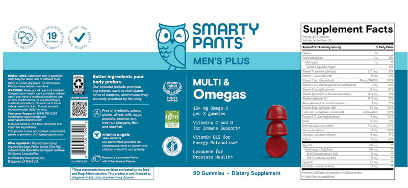 [Australia] - SmartyPants Men's Multivitamin Gummies - Improved Formula: Omega 3 (DHA/EPA), Methylfolate, Vitamin D3, C, Vitamin B12, B6, Vitamin A, K, Zinc & Selenium, Gluten Free, 90 Count (30 Day Supply) New Formula 