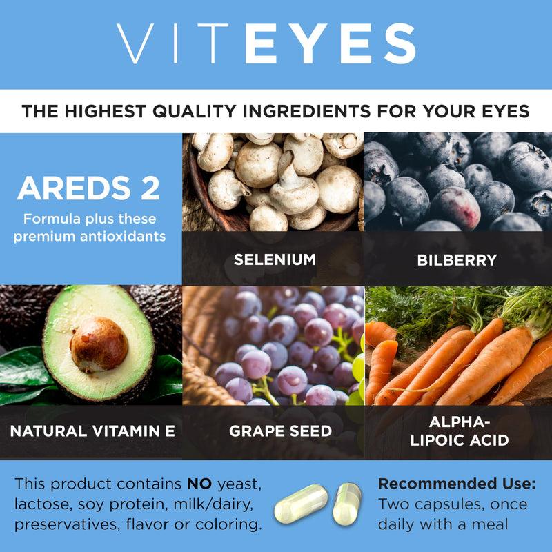 Viteyes AREDS 2 Advanced Eye Vitamins, Macular Support with Bilberry, grapeseed, FLORAGLO Lutein, Selenium, Natural Vitamin E, Allergen Free, Vision Protection, Eye Doctor Trusted, 180 Count 180 Count (Pack of 1)