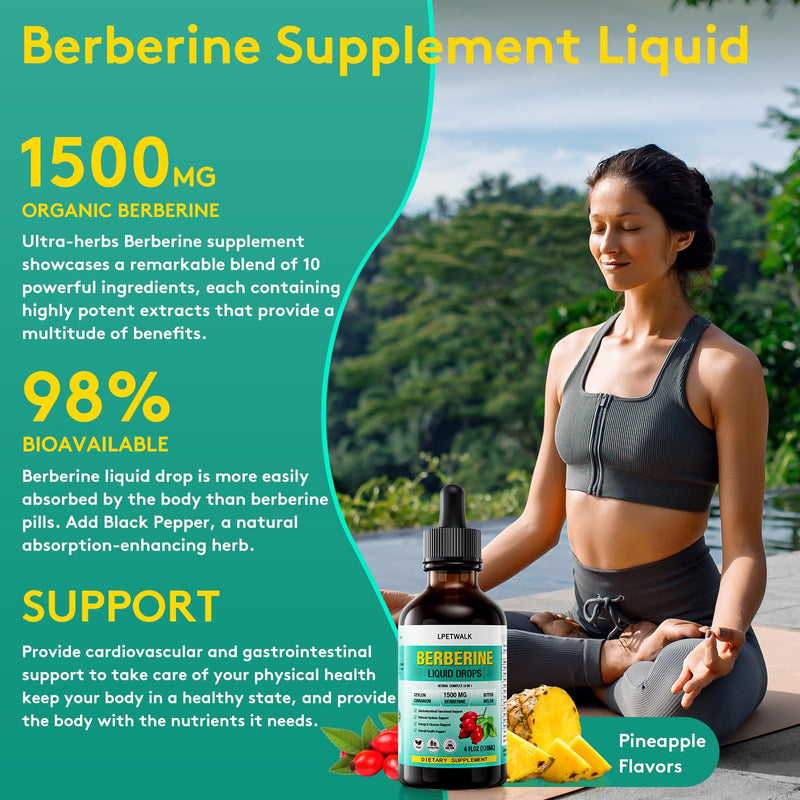 [Australia] - 4 FL Oz Organic Berberine Liquid Drops - Premium Berberine Supplement with Ceylon Cinnamon, Bitter Melon, Sugar-Free & Vegan Supplement Berberine Leaves Liquid, 98% Absorption - 120ML 