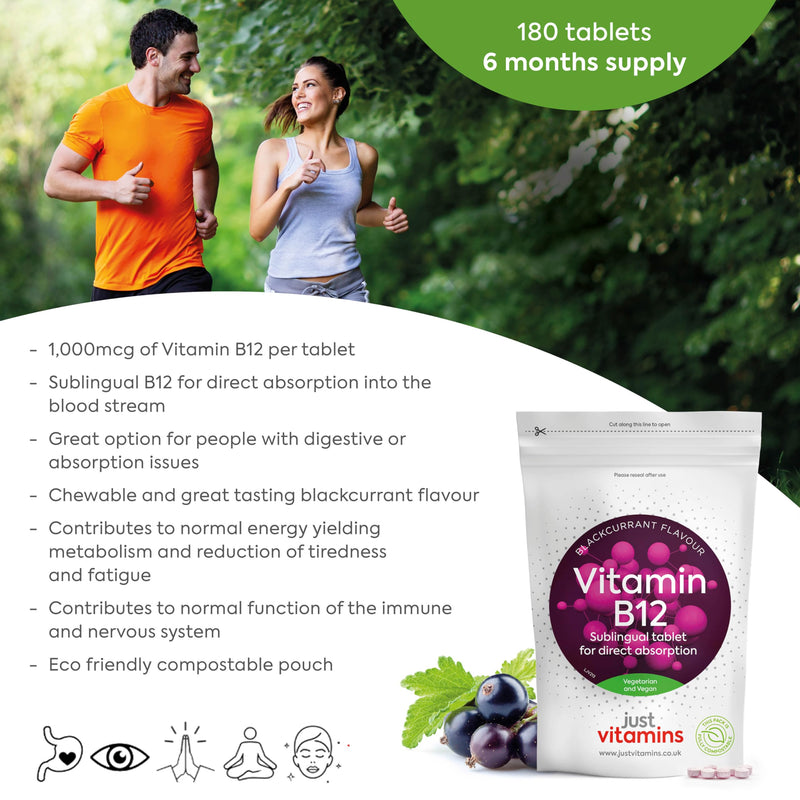 Vitamin B12 High Strength 1000mcg | 180 Vegan Tablets | Supports Energy, Metabolism & Reduces Fatigue | Blackcurrant Flavoured Sublingual Tablets | UK Made - Just Vitamins