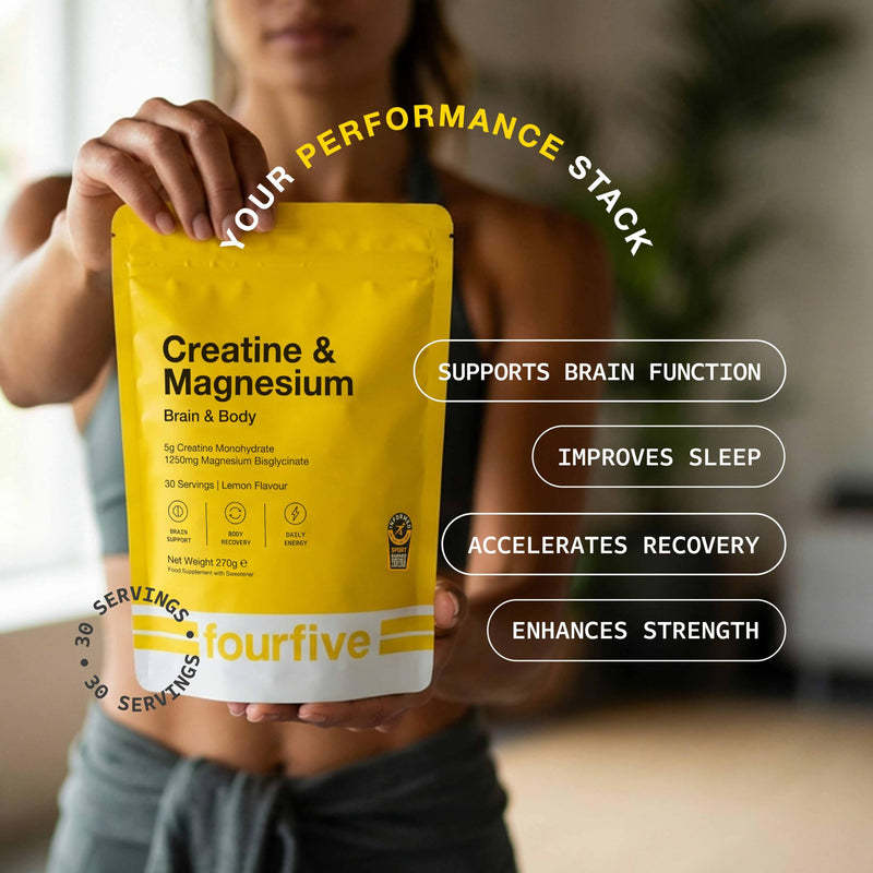 fourfive Creatine & Magnesium Powder (Creatine Monohydrate) Easy Dissolve & Vegan with Lemon Flavour, Strength Power & Recovery - 270g Pouch (30 Servings)