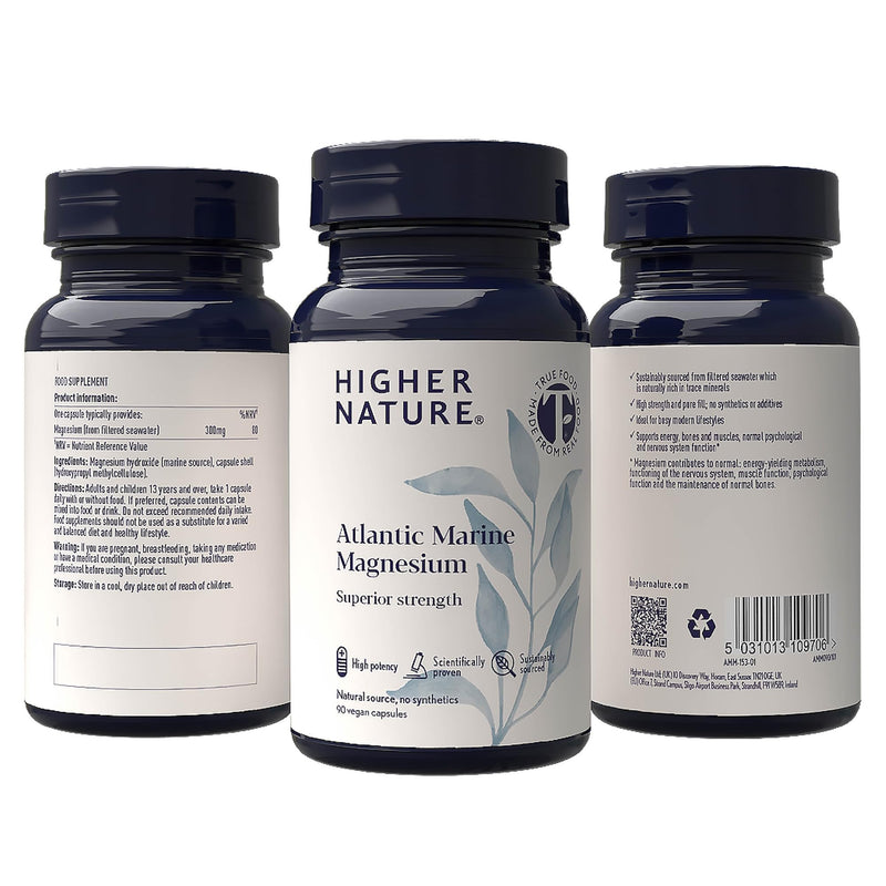 Higher Nature Atlantic Marine Magnesium Supplement 300mg - Natural Source - True Food® Formula - High Strength Magnesium Supplements - Enhance Calm, Support Bone, Muscle, Sleep & Energy - 90 Capsules 90 count (Pack of 1)