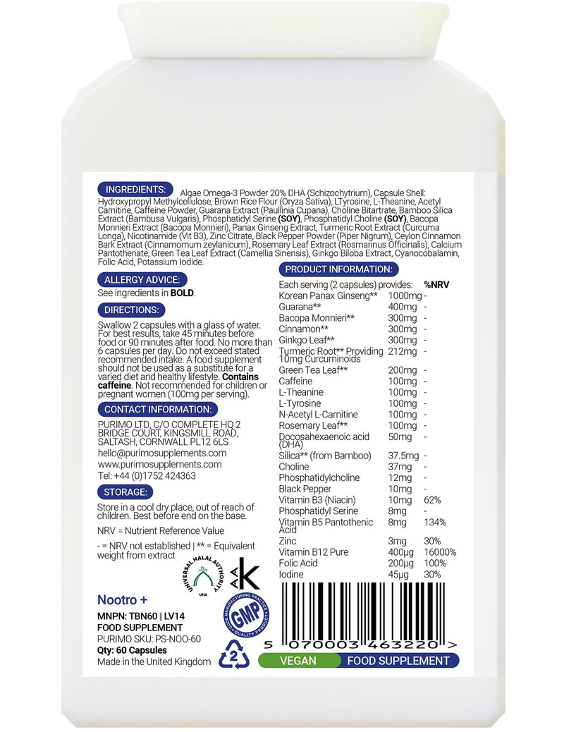 Nootro+ Nootropic Brain Supplement | Nootrpoics | for Focus, Energy, Mental Performance, Memory | 24 Active Ingredients | Guarana, Bacopa, Ginko, Caffeine, L-theanine, Green Tea Leaf, Vitamin B12