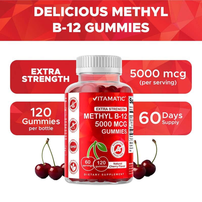 Vitamatic Extra Strength Vitamin B12 5000 mcg (Methylcobalamin) Gummies – 120 Count – Natural Cherry Flavor – Energy & Nervous System Support