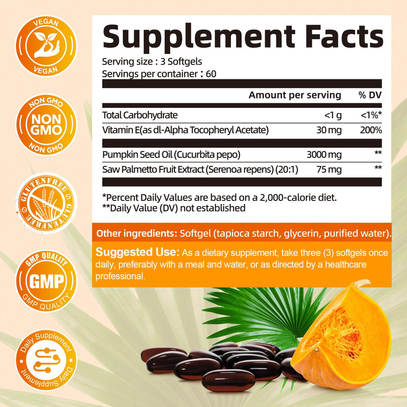 [Australia] - Pumpkin Seed Oil with Saw Palmetto Capsules, High Concentrated Pumpkin Seeds Oil Supplement, Cold Pressed, Supports Hair, Urinary, Bladder & Prostate Health, Vegan, Non-GMO, 180 Softgels 