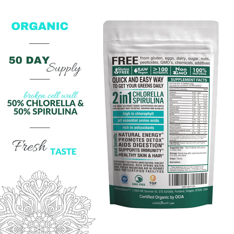 [Australia] - Organic Spirulina Chlorella Tablets - 400 Count - 2-in-1 Superfood Algae Supplement for Natural Immune Support, Detox and Energy Boost. Broken Cell Wall. Organic Chlorophyll. Espirulina 400 Count (Pack of 1) 
