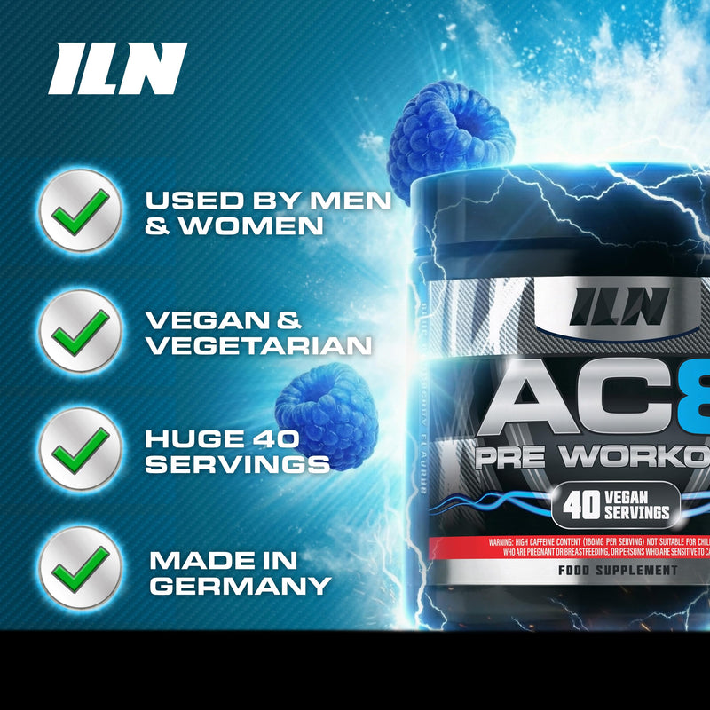 AC8 Pre Workout Powder Blue Raspberry – Pump Pre Workout for Men and Women – Up to 6,660mg Actives Per Serving – with Creatine and Caffeine – Preworkout Supplement Drink 360g