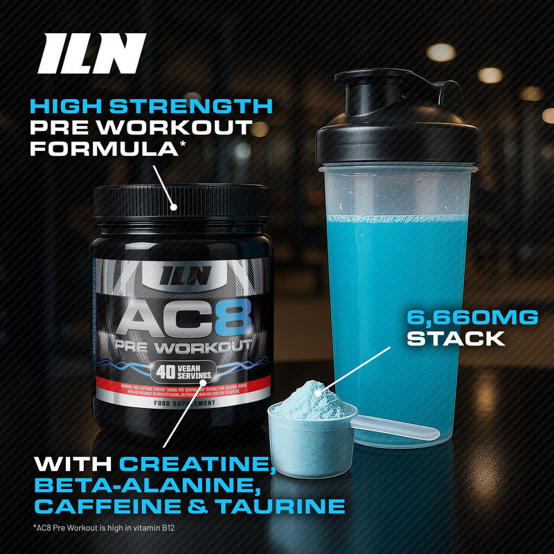 AC8 Pre Workout Powder Blue Raspberry – Pump Pre Workout for Men and Women – Up to 6,660mg Actives Per Serving – with Creatine and Caffeine – Preworkout Supplement Drink 360g