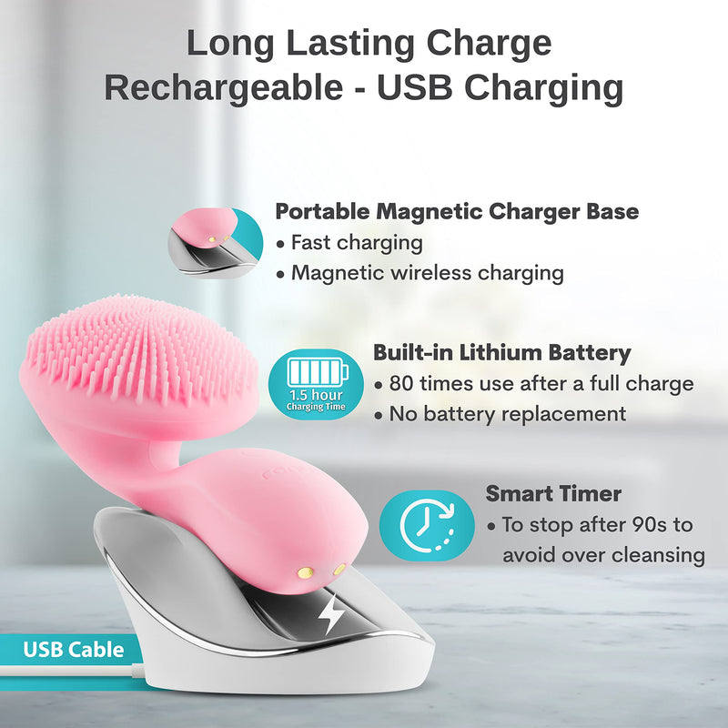 Silicon Facial Cleansing Brush - Electric, Rechargeable, Waterproof IPX7 - Rotating Magnetic Beads - 4 Function Modes - Face Massage for Deep Cleaning - Magnetic Charging Base - Ergonomic Handle