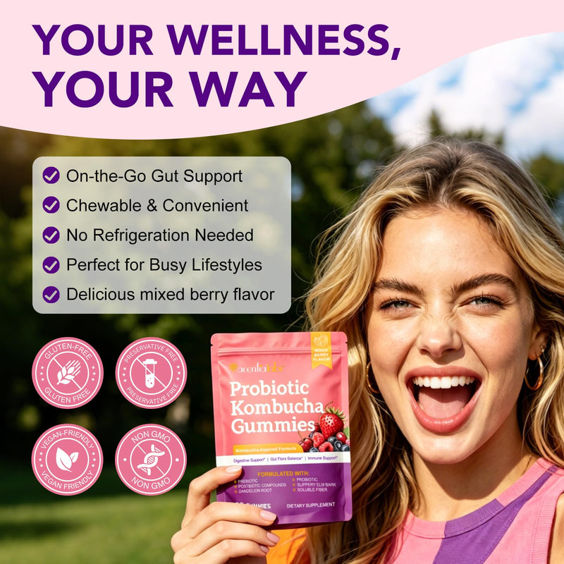 Probiotic Kombucha Gummies with Prebiotic, Probiotic & Postbiotic | Bacillus Coagulans MTCC 5856 | Digestive & Gut Flora Support | Slippery Elm & Dandelion Root | Mixed Berry | 60 Vegan Gummies