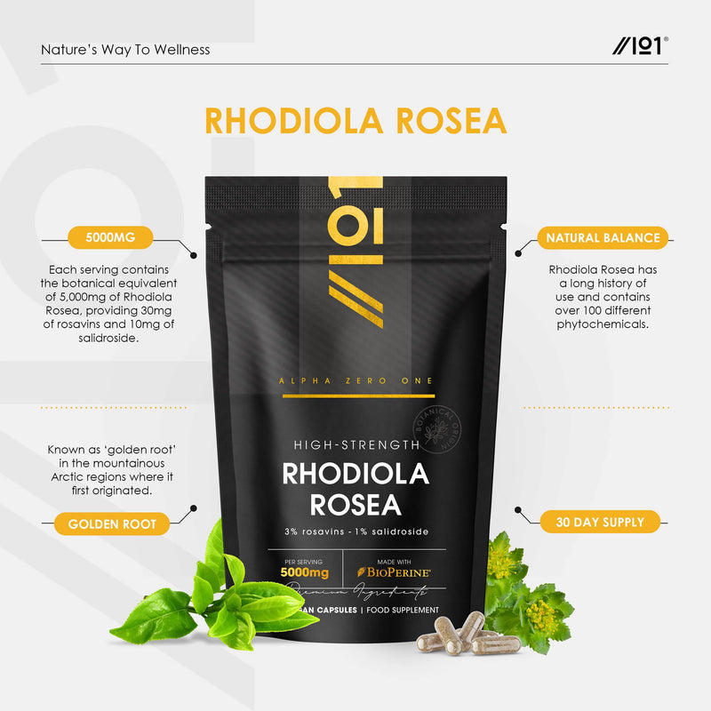 Rhodiola Rosea Extract 5000mg - 3% Rosavins 1% Salidroside - 60 Vegan Capsules – Made with BioPerine® for Enhanced Absorption – By Alpha01