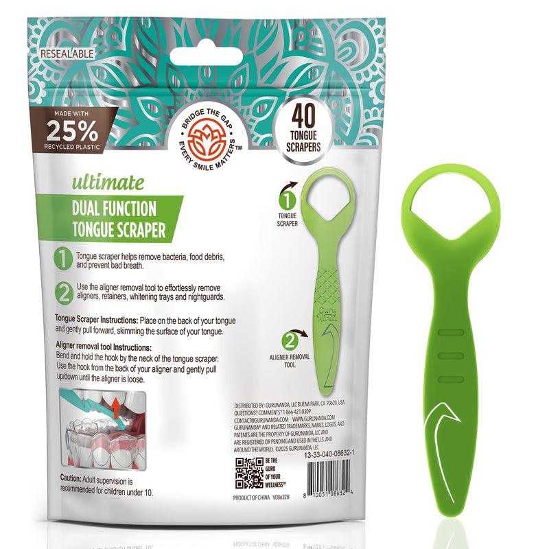 [Australia] - GuruNanda Disposable Tongue Scraper for Adults & Kids, Aligner Removal Tool (40 Ct) Dual-Function, BPA & PFAS-Free, Recyclable, Travel-Friendly, Promotes Fresh Breath, Easy to Use 