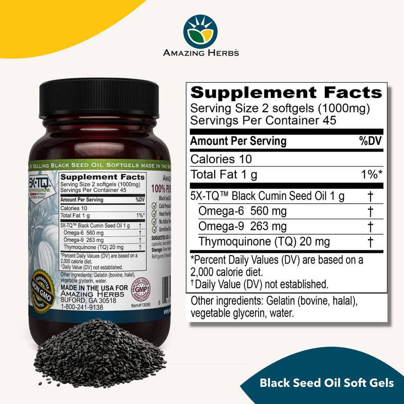 [Australia] - Amazing Herbs Premium Black Seed Oil Capsules - Cold Pressed Nigella Sativa Aids in Digestive Health, Immune Support, Brain Function, Gluten Free, Non GMO - 90 Count, 500mg 