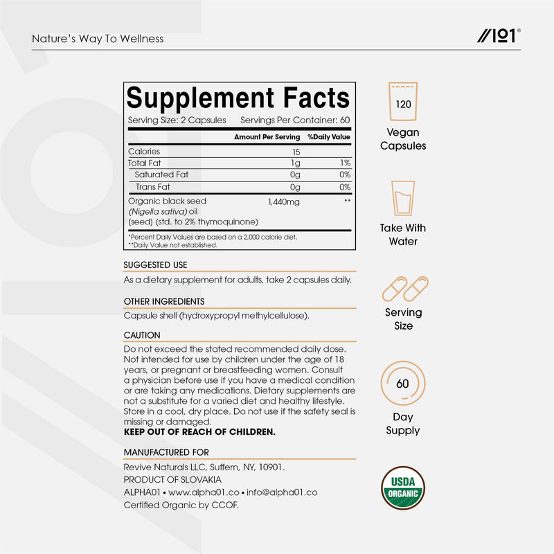 Organic Black Seed Oil Capsules 1440mg - 120 Vegan Softgels - High Strength 3X% Thymoquenine - Ethiopian Nigella Sativa - 2 Months Supply - Cold Pressed Virgin Oil - by Alpha01 1 count (Pack of 120)