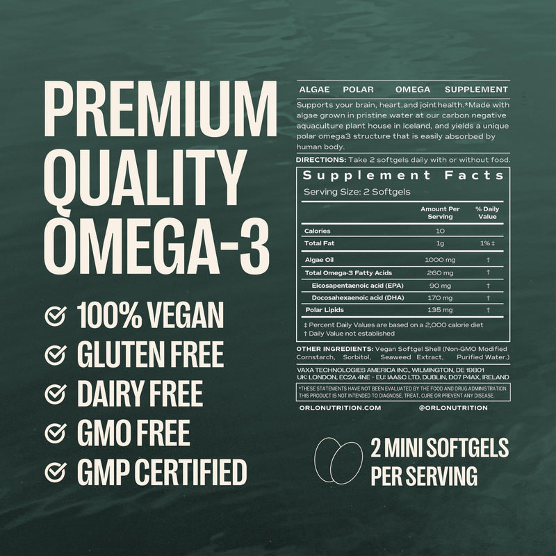 ORLO Omega 3 – Vegan Omega 3 Supplement (EPA & DHA) – Omega-3 Fish Oil & Krill Alternative – Plant-Based Omega-3s from Algae Oil – Brain & Heart Support (60 Mini Burpless Softgels) 60 Softgels (1 Pack)
