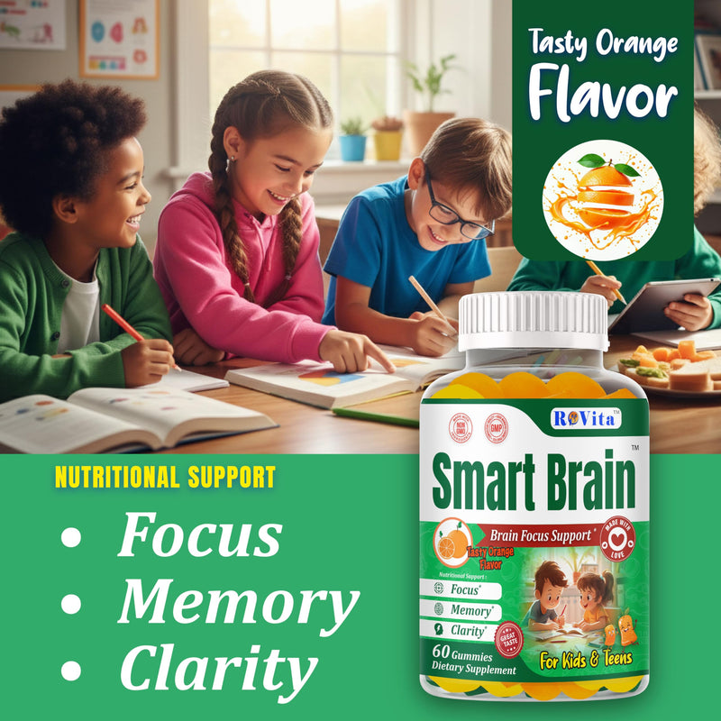 Smart Brain Omega 3 for Kids, Focus Gummies for Teens, DHA Kids Attention and Focus Supplement, Brain Vitamins for Memory & Concentration, Orange, 60 Gummies