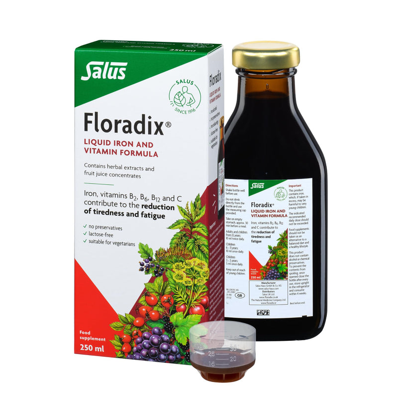 Salus Floradix Liquid Iron 250ml Supplement with Vitamin C & B-Complex. Iron contributes to the Reduction of Tiredness. Vegetarian. No preservatives. Suitable for Women, Men and Children 3+.