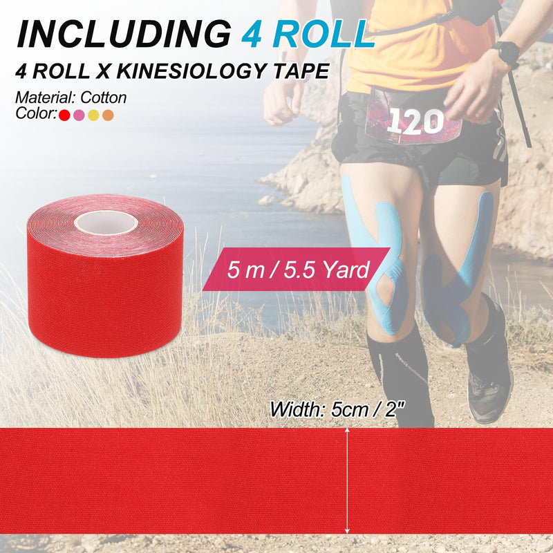 PATIKIL 5.5 Yard x 2 Inch Kinesiology Tape, 4 Roll Adhesive Cotton Sports Muscle Support Tapes Waterproof Elastic Tape for Knee Ankle Wrist Shoulder, Red/Rose Red/Yellow/Orange