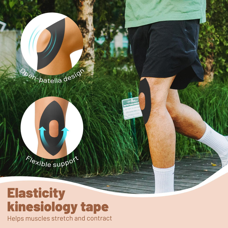 Precut Kinesiology Tape for Knees, 10 Pcs Waterproof & Elastic Athletic Tape for Knee Support & Stability, Breathable Hypoallergenic Latex-Free Tape, German-Engineered Skin-Friendly Adhesive (Black) Black