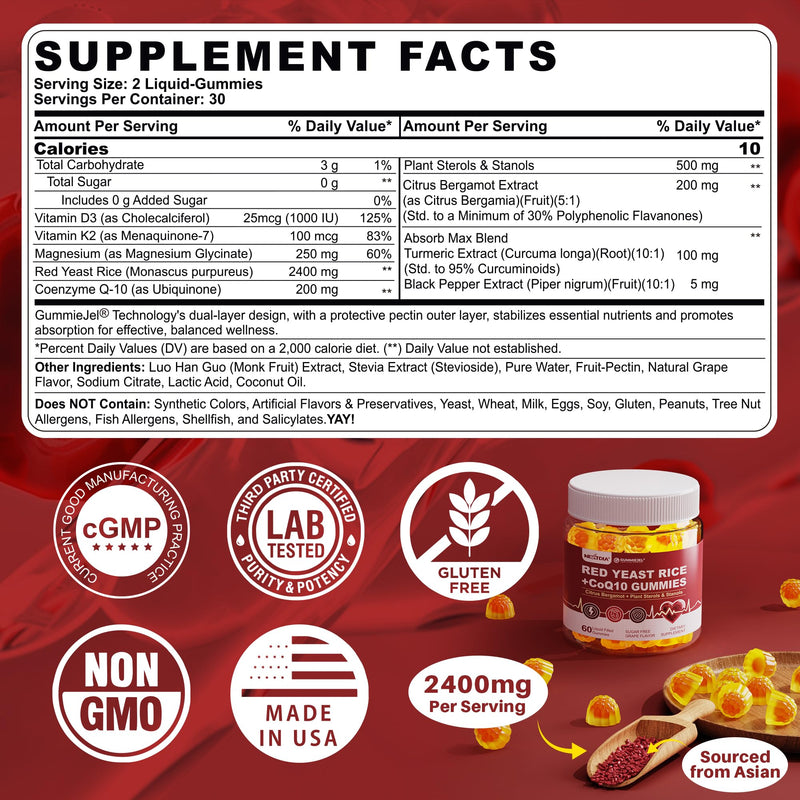 [Australia] - Red Yeast Rice Gummies 2400MG with CoQ10, Suagr Free Balanced Ch·πèlester·πèl Supplements Plus Citrus Bergamot, Plant Sterols & Stanols Supports V·∏Åscul·∏År Health, Energy, Immunity for Age 50+,Vegan,60 Cts 