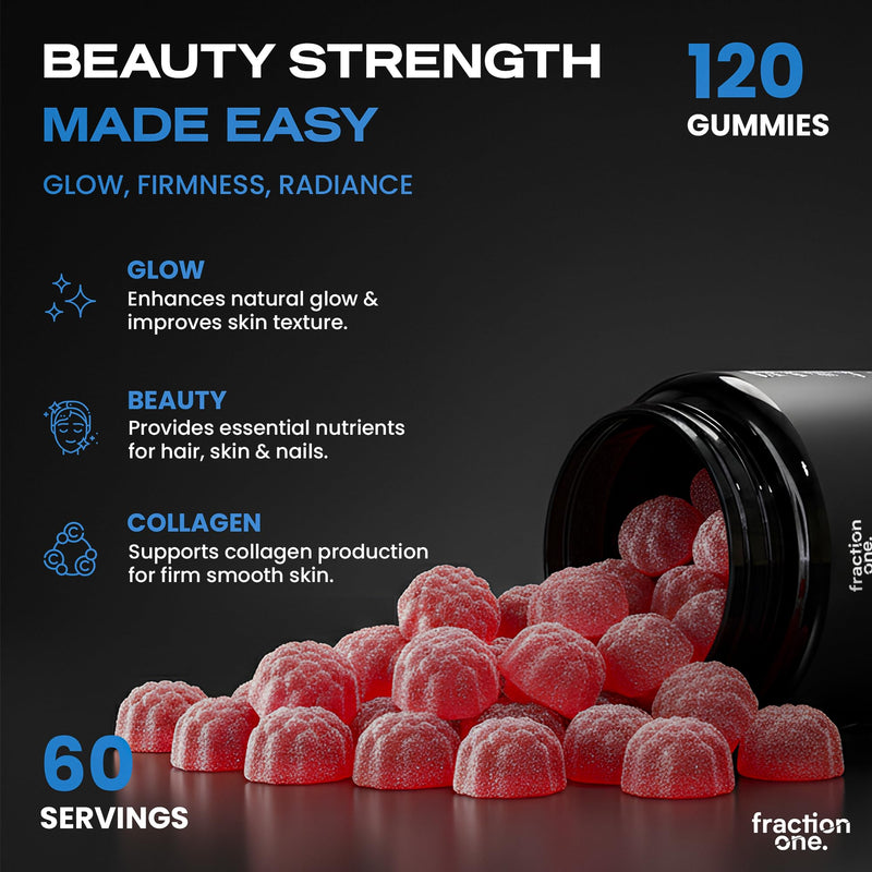 Fraction One Collagen Gummies - 120 Gummies - Advanced Collagen Complex with Vitamin C & Hyaluronic Acid - Supports Skin, Hair & Nail Health - Strawberry Flavour - Vegan Friendly - 60 Days Supply