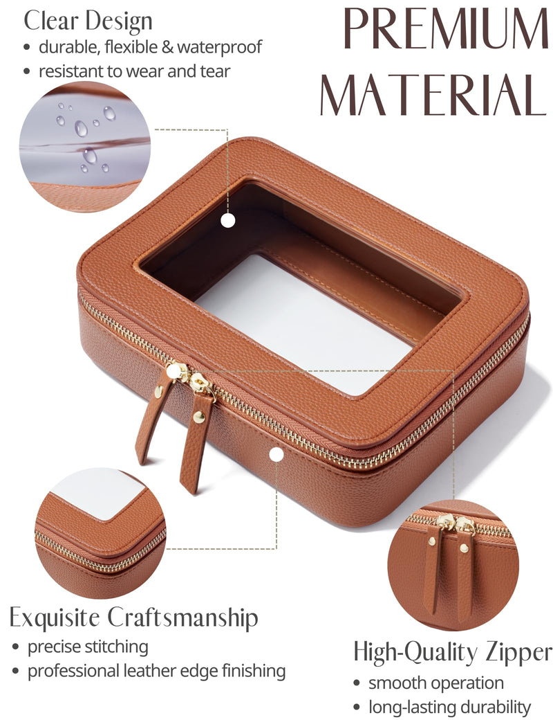 Clear Makeup Case Toiletry Bag Travel Medium Clear Cosmetic Bag with Zipper, Make Up Bag Organizer Traveling TSA Approved Transparent Bag Car for Essentials, Mini & Medium, Brown