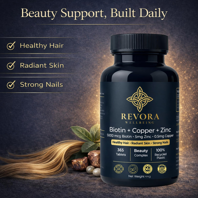 Biotin 5000mcg (Vitamin B7) with Zinc & Copper Tablets, 1 Year Supply, 365 Tablets, Hair Skin & Nails Support, High Strength Biotin Supplement, UK Made Vegan