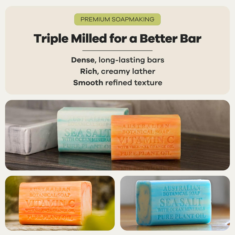 Australian Botanical Soap Valencia Orange & Sea Salt Soap Bars, Pack of 8 | Variety Pack, 6.6 oz Each: 4 Valencia Orange and 4 Sea Salt; with Shea Butter, Ocean Minerals & Vitamin C for Hands and Body Valencia Orange, Sea Salt 6.6 Ounce (Pack of 8)