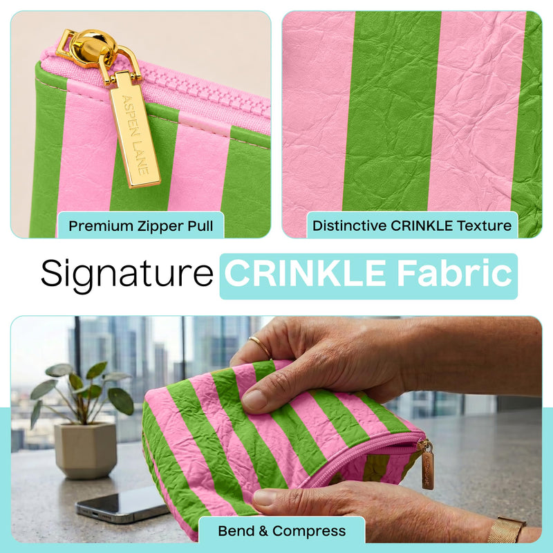 Preppy Stripe Crinkle Makeup Bag Set of 5 Travel Cosmetic Bags | Pink and Green, 6 x 9 x 3 in, Crinkle & stripe design, waterproof fabric, generous capacity, gift for women Green/Pink