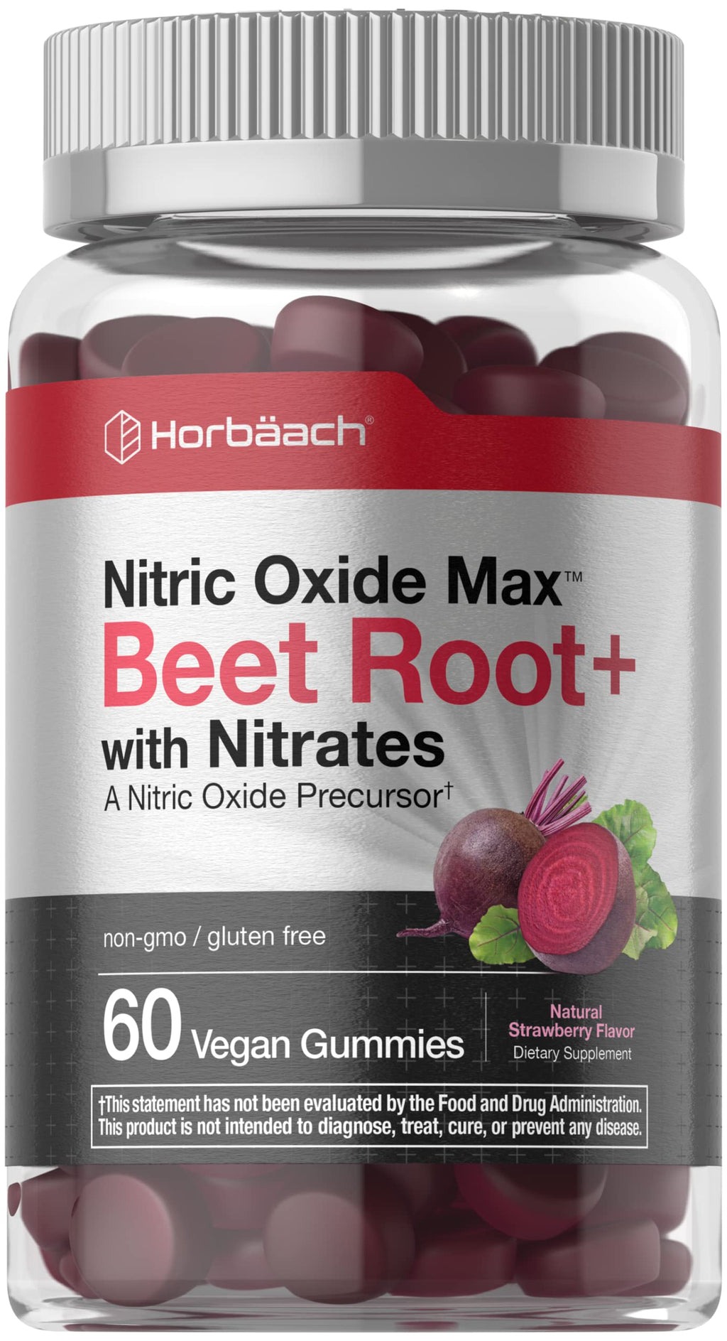 Horbäach Nitric Oxide Beet Root Gummies | 60 Count | with Nitrates | Strawberry Flavor | Vegan, Non-GMO, Gluten Free Supplement