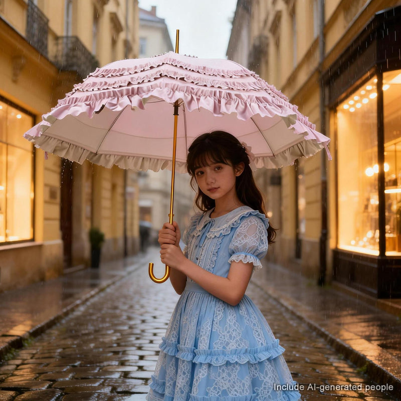 Ruffled Umbrella with Gold Handle, Mint Green and Peach, 34.65 inch Canopy, Decorative Stick Umbrella Pink