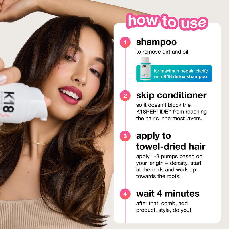K18 Leave-In Molecular Repair Hair Mask, Patented, Lasting Repair For Dry, Frizzy, Damaged Hair, Reverse Damage In 4 Minutes From Bleach, Color, Chemical Services + Heat