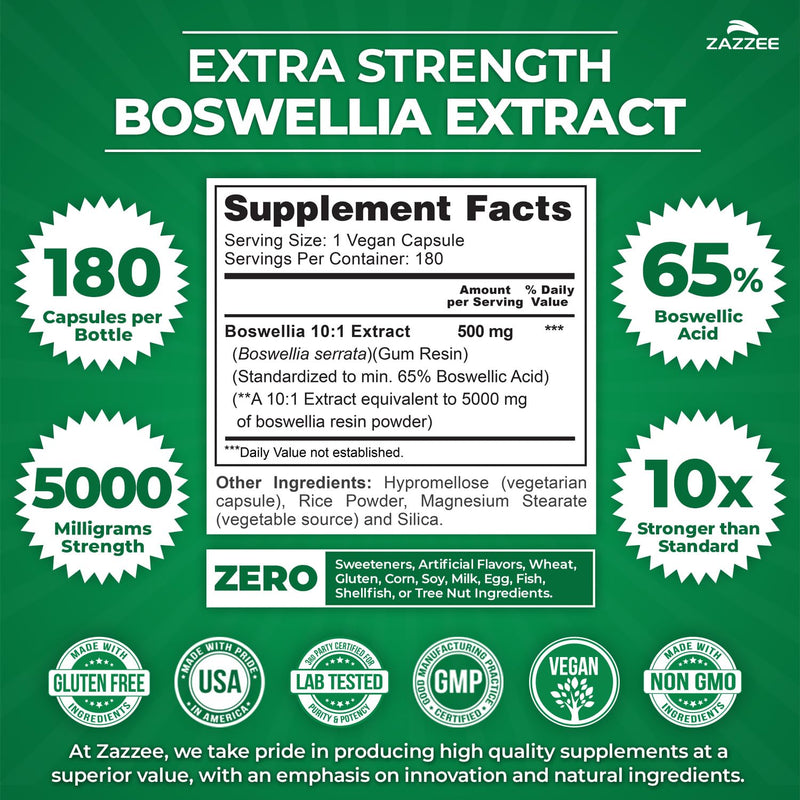 [Australia] - Zazzee Extra Strength Boswellia Serrata 10:1 Extract, 5000 mg Strength, 65% Boswellic Acid, 180 Vegan Capsules, 6 Month Supply, Standardized 10X High Potency, 100% Vegetarian, All-Natural, Non-GMO 