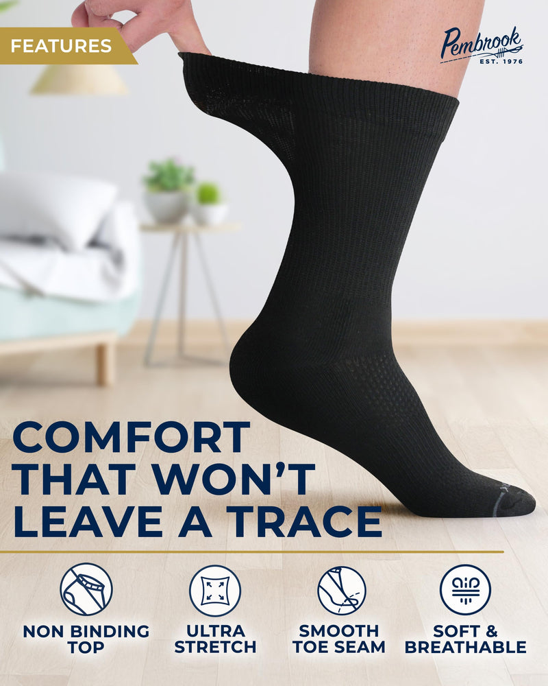 [Australia] - Pembrook Diabetic Socks for Men - 6 Pairs Crew Diabetic Neuropathy Socks for Men | Non Binding Black - 6 Pairs Large 