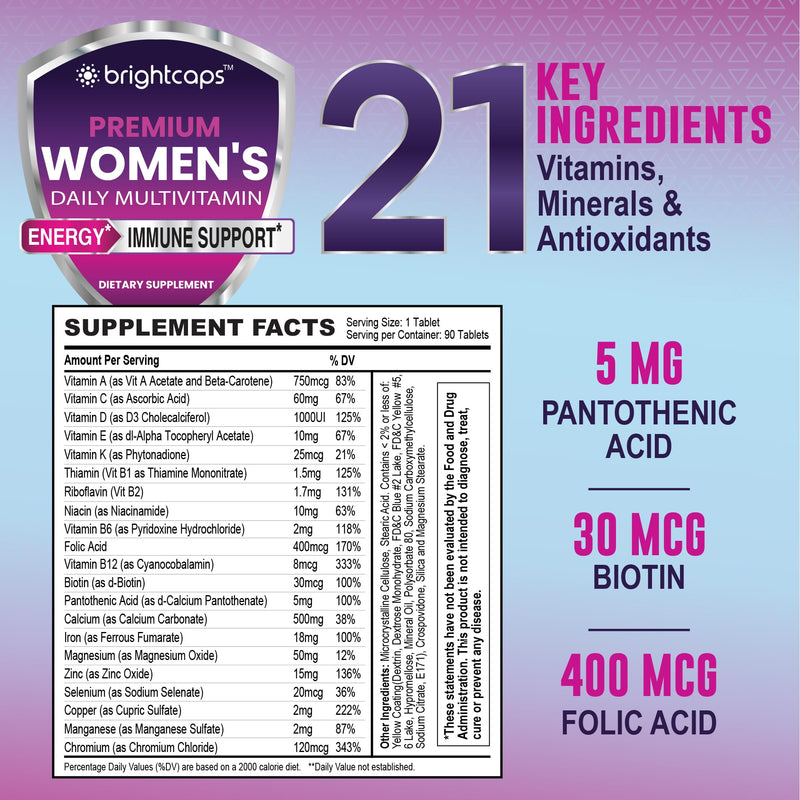 Women's Multivitamins and Minerals Enhanced with Folic Acid, Biotin, Pantothenic Acid, Zinc, Vitamin B12, Selenium - 21 Key Essential Ingredients Immune System & Health Support | 90 Tablets