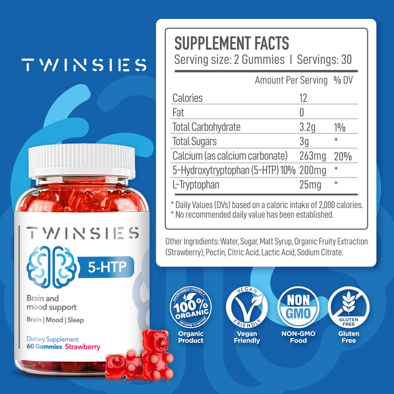 [Australia] - 5-HTP Gummies 200mg with L-Tryptophan Supplement for Brain, Mood Stabilizer and Sleep Support, 60 Strawberry Gummies (Strawberry) 
