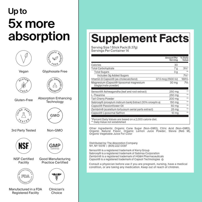 The Absorption Company Calm Powder - Magnesium Drink Mix Packets - 14PK | Vitamin-D,Cortisol Regulation for Men & Women, Mood Support with Ashwagandha & L-Theanine for Relaxation, Watermelon Lemonade 1 Ounce (Pack of 14)