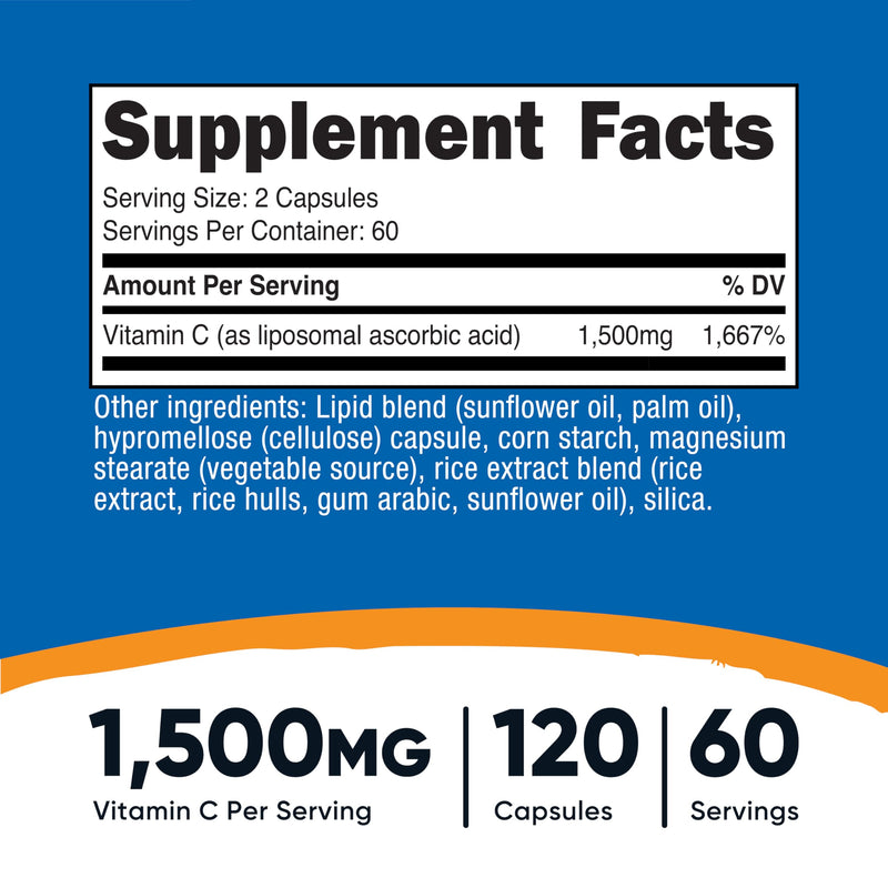 Nutricost Liposomal Vitamin C (1500mg) 120 Vegan Capsules, 60 Servings | Gluten-Free, GMO-Free 120 Count (Pack of 1)